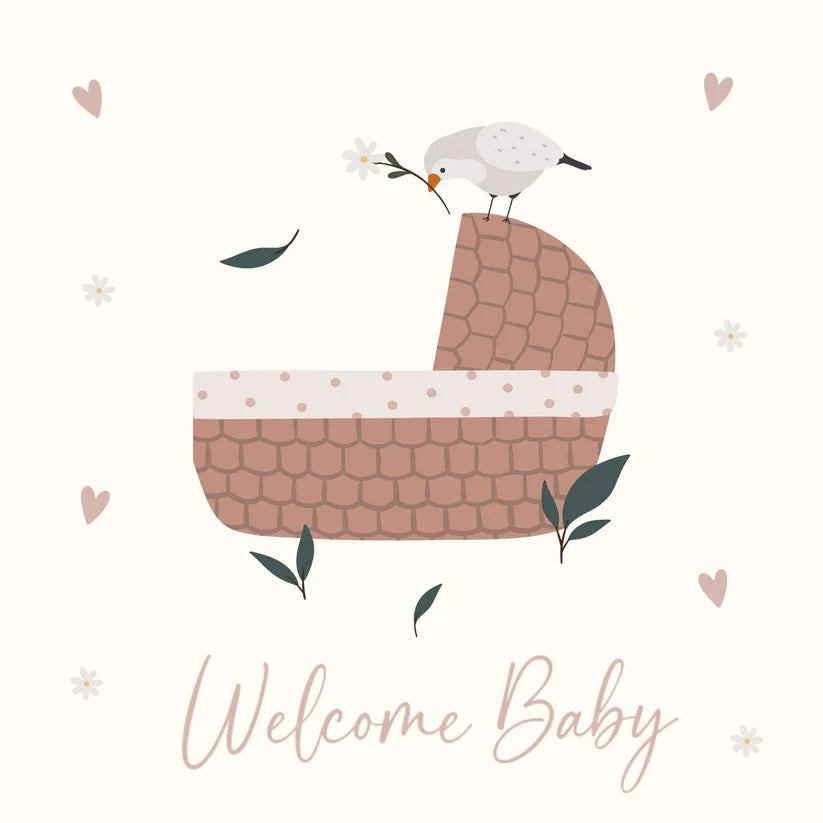 Greeting Card - Welcome Baby Basket Bird