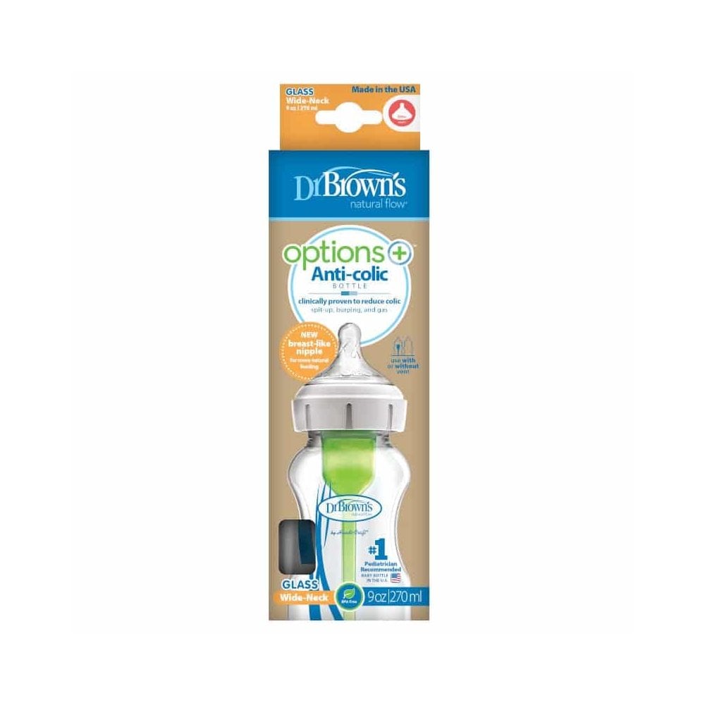 DR Browns Option+ Anti Colic Wide Neck Glass Bottle With Level 1 Teat, 270ML