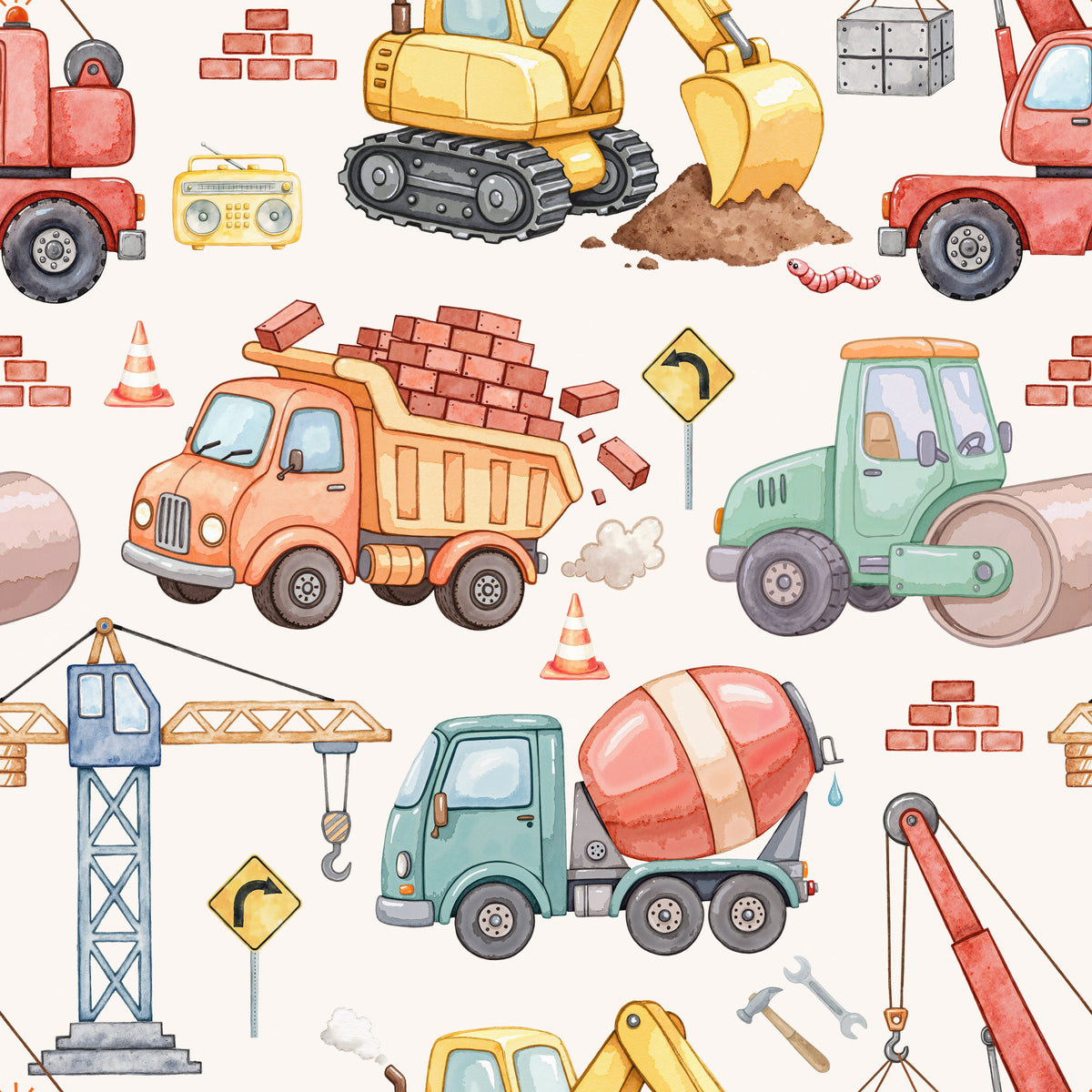 Little Acres Co construction print full of colourful construction vehicles and tools on a white background
