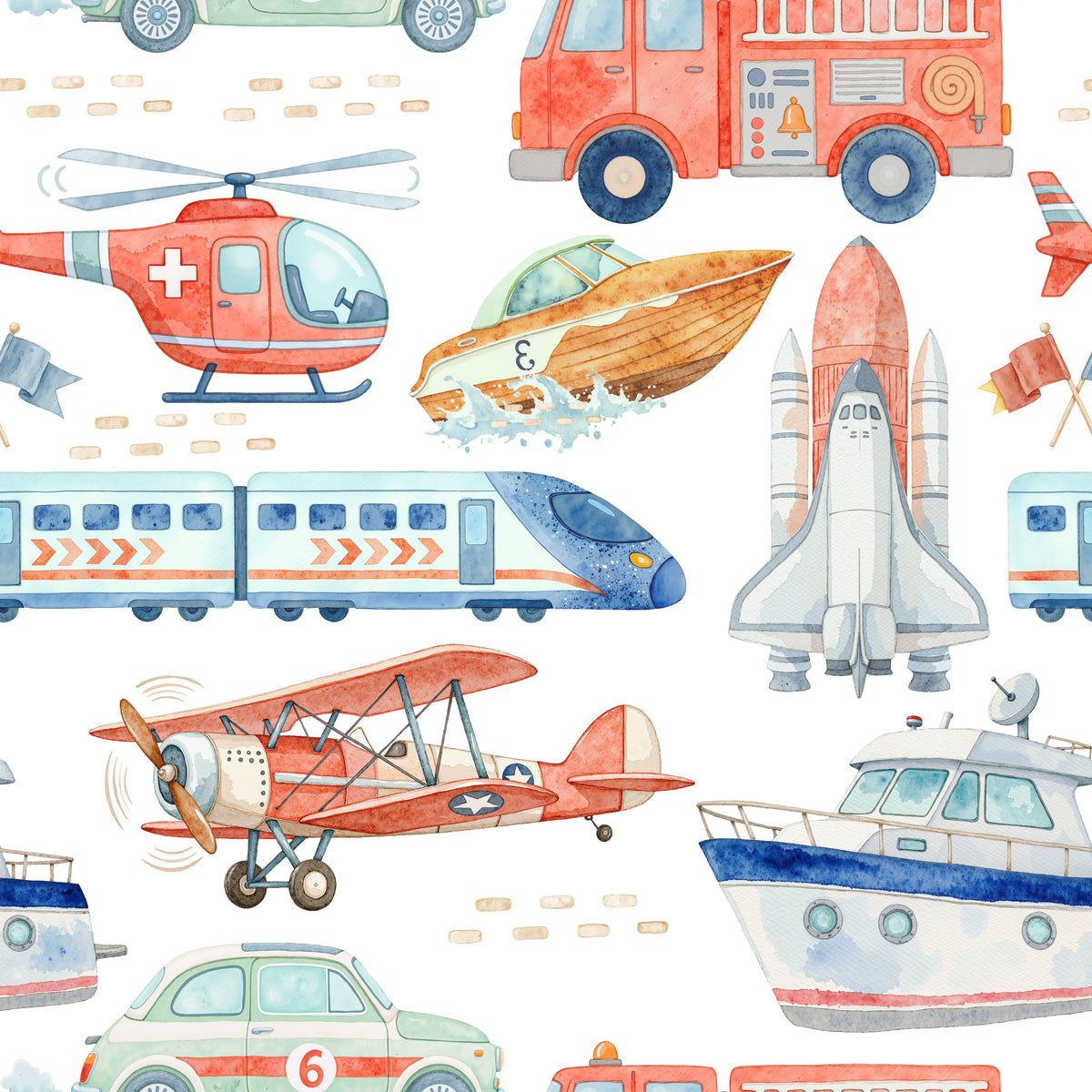 Little Acres Co Transport pattern including a helicopter, bus, airplane, and boat on a white background.