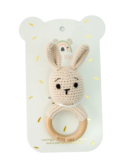 100% Cotton Crochet Ring Rattle - Brodie Bunny