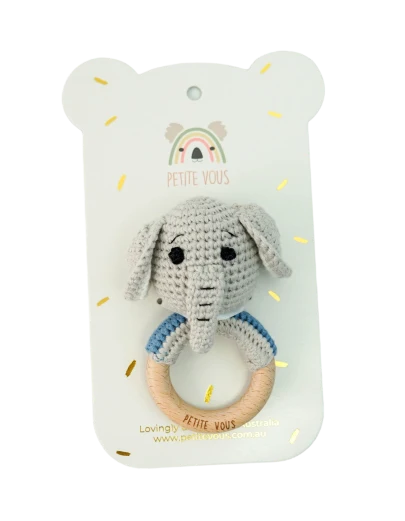 100% Cotton Crochet Ring Rattle -  Ellis Elephant