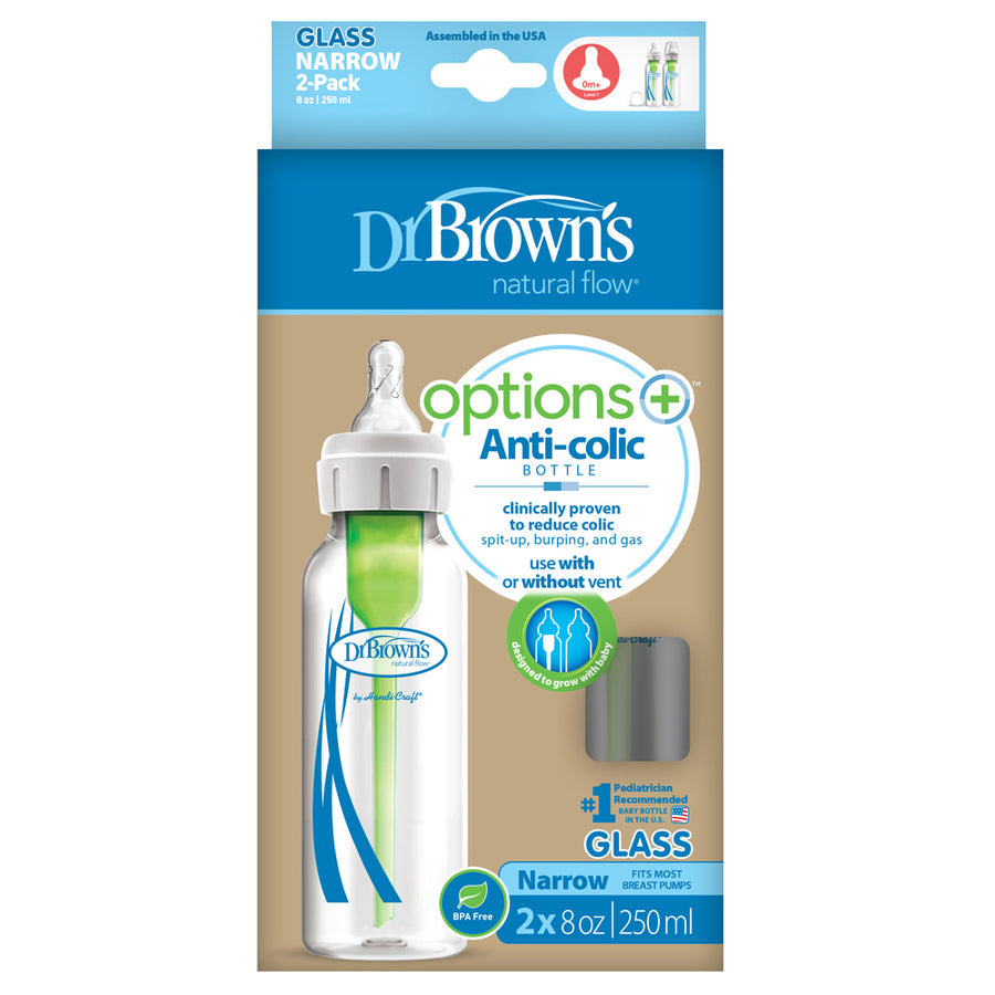 DR Browns Options+ Anti Colic Narrow Neck Glass Bottle with Level 1 Teat, 120ML 2pk