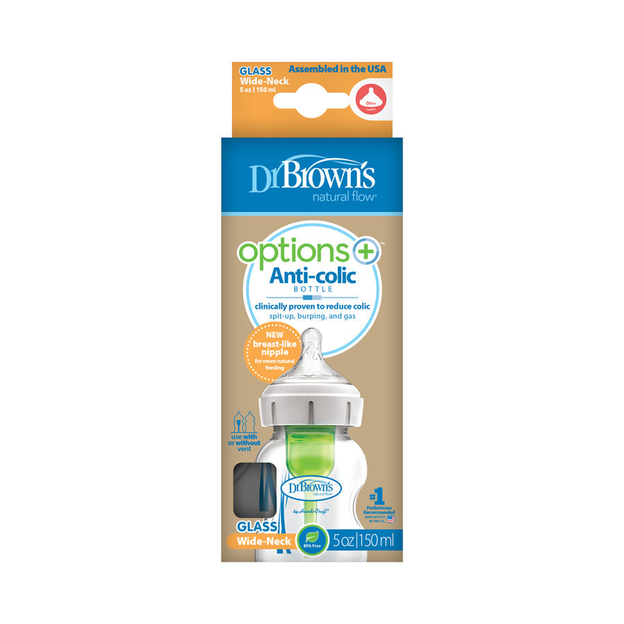 DR Browns Options+ Anti Colic Wide Neck Glass Bottle With Level 1 Teat, 150ML