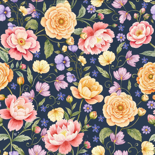 Floral pattern with large flowers on a dark blue background
