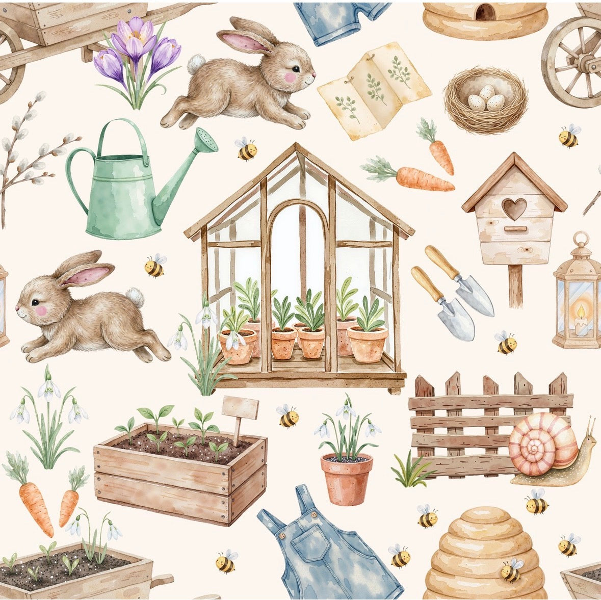 Pattern with gardening elements including rabbits, plants, and tools on a white background.
